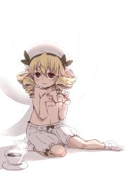 Rule 34 | 1girl, aged down, bad id, bad pixiv id, black bow, blonde hair, bloomers, blush, bobby socks, bow, bow bloomers, child, coffee, collarbone, cup, drill hair, fairy wings, flat chest, glasses, harukaze unipo, hat, holding, holding removed eyewear, luna child, navel, red-framed eyewear, red eyes, shadow, short hair, simple background, sitting, smile, socks, solo, topless, touhou, underwear, unworn eyewear, white background, wings
