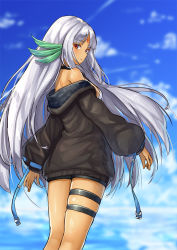 Rule 34 | 1girl, azur lane, black shorts, blue sky, blurry, blurry background, blush, breasts, brown jacket, closed mouth, cloud, cloudy sky, commentary request, dark-skinned female, dark skin, day, depth of field, facial mark, forehead mark, jacket, long hair, long sleeves, looking at viewer, looking back, massachusetts (azur lane), medium breasts, native american, off shoulder, outdoors, parted bangs, pensuke, puffy long sleeves, puffy sleeves, red eyes, short shorts, shorts, silver hair, sky, sleeves past wrists, solo, standing, very long hair