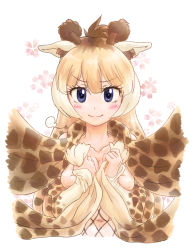 Rule 34 | &gt;:), 1girl, alternate costume, animal ears, animal print, bare shoulders, blonde hair, blue eyes, breast press, breasts, brown hair, closed mouth, collarbone, detached sleeves, fishnets, giraffe ears, giraffe horns, giraffe print, hands up, horns, kemono friends, lips, looking at viewer, medium breasts, mikan toshi, multicolored hair, navel, parted bangs, print scarf, puff of air, reticulated giraffe (kemono friends), scarf, skindentation, smile, solo, stomach, upper body, v-shaped eyebrows