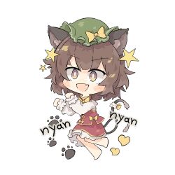 Rule 34 | 1girl, animal ears, blush, brown eyes, brown hair, brown skirt, cat ears, cat girl, cat tail, chen, chibi, fang, hat, heart, layered skirt, long sleeves, looking at viewer, mob cap, multiple tails, open mouth, paw pose, paw print, primsla, shirt, short hair, simple background, skirt, smile, solo, split mouth, star (symbol), tail, touhou, white background, white shirt