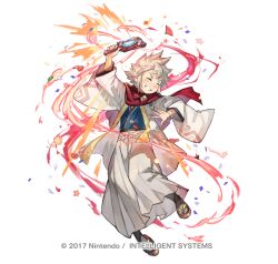 1boy closed_eyes copyright_notice dragonstone fire_emblem fire_emblem_fates fire_emblem_heroes full_body grin hagoita heart_attack japanese_clothes kana_(fire_emblem) kana_(male)_(fire_emblem) kana_(male)_(rising_dragon)_(fire_emblem) kimono male_focus nintendo official_alternate_costume official_art paddle scarf simple_background smile solo spiked_hair tapioka_chaso teeth v-shaped_eyebrows white_background white_hair