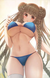 Rule 34 | 1girl, absurdres, azur lane, bad id, bad pixiv id, bikini, blue bikini, braid, braided bun, breasts, double bun, female focus, formidable (azur lane), formidable (the lady of the beach) (azur lane), from below, gluteal fold, hair bun, highres, large breasts, long hair, looking at viewer, official alternate costume, platinum blonde hair, red eyes, shigunyamo, simple background, single thighhigh, solo, swimsuit, thighhighs, thighs, twin braids, very long hair, white thighhighs