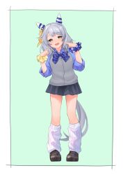 Rule 34 | 1girl, animal ears, black skirt, blue shirt, blush, bow, bowtie, breasts, brown footwear, cardigan vest, collared shirt, ear covers, full body, green eyes, grey hair, head tilt, highres, hishi miracle (umamusume), horse ears, horse girl, horse tail, katuko deluxe, loafers, long hair, long sleeves, loose socks, open mouth, pointing, pointing at self, scrunchie, shirt, shoes, skirt, sleeves pushed up, small breasts, smile, socks, solo, standing, tail, umamusume, white socks, wrist scrunchie