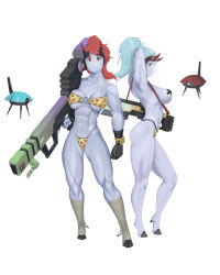 Rule 34 | 2girls, fewer digits, abs, absurdres, alien, animal print, armpits, back-to-back, bare shoulders, beam rifle, biceps, bikini, blue hair, blue skin, breasts, colored skin, covered erect nipples, drone, energy gun, fake horns, fewer digits, full body, gun, hand in own hair, highleg, highleg bikini, highres, holding, holding gun, holding weapon, hooves, horns, huge weapon, large breasts, leopard print, mechanical hands, multi-strapped bikini bottom, multiple girls, muscular, muscular female, no nose, o-ring, o-ring top, pasties, perky breasts, ponytail, print bikini, red eyes, red hair, robot jones (artist), shoulder strap, sideboob, single mechanical hand, strap, swimsuit, t&#039;au, tau drone, thick eyebrows, thick thighs, thighs, topless, trigger discipline, underboob, warhammer 40k, weapon