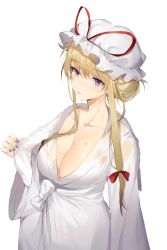 Rule 34 | 1girl, blonde hair, bow, breasts, cleavage, collarbone, commentary request, frilled hat, frills, hair between eyes, hair up, hat, highres, large breasts, long hair, low-tied long hair, meng ziya, nail polish, purple eyes, purple nails, red bow, red ribbon, ribbon, robe, see-through, sweat, touhou, towel, towel around neck, white background, white hat, white robe, white towel, wide sleeves, yakumo yukari