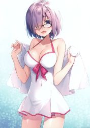 Rule 34 | 1girl, :d, absurdres, bare shoulders, black-framed eyewear, blush, breasts, cleavage, collarbone, covered navel, cowboy shot, dress, fate/grand order, fate (series), glasses, gradient background, hair over one eye, hands up, highres, holding, holding towel, large breasts, looking at viewer, mash kyrielight, mash kyrielight (swimsuit of perpetual summer), masuishi kinoto, official alternate costume, one-piece swimsuit, open mouth, purple eyes, purple hair, scan, shiny skin, short dress, short hair, simple background, smile, solo, swimsuit, tareme, towel, white dress, white one-piece swimsuit, white towel