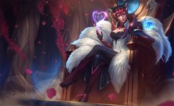 Rule 34 | 1girl, ahri (league of legends), animal ears, armor, black hair, blue eyes, blurry, bodysuit, boots, breasts, challenger ahri, claws, cleavage, depth of field, energy ball, eyeshadow, facial mark, forehead protector, fox ears, fox tail, gloves, head tilt, heart, high collar, knee boots, league of legends, crossed legs, lipstick, long hair, looking at viewer, magic, makeup, medium breasts, multiple tails, pauldrons, petals, ponytail, raikoart, red footwear, red lips, shoulder armor, sitting, solo, tail, throne, whisker markings