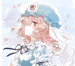 Rule 34 | 1girl, blue hat, cherry blossoms, closed mouth, from side, hat, highres, koto (shiberia39), looking at viewer, mob cap, pink eyes, pink hair, saigyouji yuyuko, short hair, solo, touhou, triangular headpiece, upper body, white background