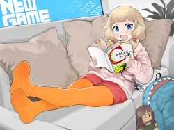 Rule 34 | 1girl, :d, absurdres, ahagon umiko, animal bag, backpack, bag, blonde hair, blue eyes, book, character doll, couch, cushion, doll, full body, highres, holding, holding book, id card, indoors, jacket, lanyard, long hair, looking at viewer, menthako, new game!, no shoes, open book, open mouth, pantyhose, pink jacket, red shorts, sakura nene, shark bag, shorts, sitting, smile, soles, solo, twintails