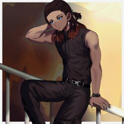 Rule 34 | 1boy, absurdres, arm support, belt, blue eyes, bracelet, brown hair, comiclove1314, dark-skinned male, dark skin, desmond hall, drawstring, dreadlocks, earrings, frown, hair pulled back, half updo, hand on own head, hand up, highres, jewelry, long hair, looking to the side, male focus, multicolored hair, muscular, muscular male, on railing, orange hair, pants, project: eden&#039;s garden, railing, ring hair ornament, shirt, sitting, sleeveless, sleeveless shirt, solo, two-tone hair