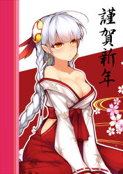 Rule 34 | 1girl, bare shoulders, blush, braid, breasts, cleavage, dean (momodean), earrings, grey hair, hair ornament, highres, japanese clothes, jewelry, kimono, large breasts, light valkyrie (p&amp;d), long hair, miko, new year, off shoulder, pointy ears, puzzle &amp; dragons, sitting, solo, valkyrie (p&amp;d), wariza, yellow eyes