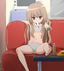 Rule 34 | 00s, 1girl, aisaka taiga, bad anatomy, bad feet, barefoot, bottle, controller, couch, feet, flat chest, mouth hold, panties, poorly drawn, popsicle, remote control, soles, solo, sports bra, spread legs, stella bottaculi, toradora!, underwear, underwear only