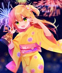 Rule 34 | 10s, 1girl, :d, ahoge, arms up, bad id, bad pixiv id, bag, blonde hair, blush, character name, cowboy shot, double v, eyelashes, fang, fireworks, floating hair, floral print, flower, green eyes, hair flower, hair ornament, hand gesture, happy birthday, highres, holding, holding bag, idolmaster, idolmaster cinderella girls, japanese clothes, jougasaki rika, kimono, long sleeves, looking at viewer, mafuyu (chibi21), night, night sky, open mouth, outdoors, sash, sky, smile, solo, standing, tooth, tsurime, v, wide sleeves, wind, yellow flower, yellow kimono, yukata