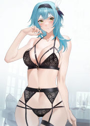 Rule 34 | 1girl, bare arms, bare shoulders, black bra, black hairband, black panties, blue hair, blush, bra, breasts, cleavage, commentary request, cowboy shot, eula (genshin impact), garter belt, genshin impact, gluteal fold, hairband, hand up, highres, indoors, looking at viewer, medium breasts, medium hair, navel, panties, raitho, solo, standing, stomach, underwear, yellow eyes