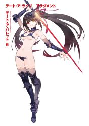 Rule 34 | 1girl, alternate costume, arm up, armor, bikini armor, blunt bangs, boots, breasts, date a live, full body, glowing, greaves, grin, heterochromia, highres, holding, holding sword, holding weapon, long hair, medium breasts, noco (adamas), novel illustration, official art, red eyes, sidelocks, simple background, smile, solo, standing, sword, thigh boots, thighhighs, tokisaki kurumi, twintails, underboob, vambraces, very long hair, weapon, white background, yellow eyes