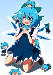 Rule 34 | &gt; &lt;, 6+girls, :&lt;, arms up, blue dress, blue eyes, blue hair, blush, blush stickers, bow, chibi, chibi on head, cirno, closed eyes, do (4-rt), dress, drooling, fang, flying, hair bow, highres, kicking, lying, mini person, minigirl, multiple girls, o o, on head, on stomach, open mouth, short hair, sitting, smile, standing, touhou, wariza, wings