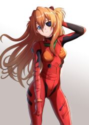 Rule 34 | 1girl, absurdres, arm behind back, bandaged arm, bandages, blue eyes, bodysuit, breasts, commentary request, contrapposto, eyepatch, gluteal fold, gradient background, highres, interface headset, long hair, medium breasts, neon genesis evangelion, orange hair, plugsuit, rebuild of evangelion, red bodysuit, solo, souryuu asuka langley, two side up, yami anko