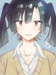Rule 34 | 1girl, black hair, blurry, cardigan, collarbone, collared shirt, enomoto takane, eyes visible through hair, gradient hair, grey background, highres, kagerou project, multicolored eyes, multicolored hair, muuta04, open collar, open mouth, portrait, red eyes, school uniform, shirt, simple background, solo, straight-on, twintails, white shirt, wide-eyed, yellow cardigan