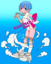 Rule 34 | 1girl, 2024, asymmetrical gloves, black eyes, blue background, blue hair, breasts, chain necklace, closed mouth, cloud, ear piercing, earrings, fingerless gloves, frilled gloves, frills, full body, gloves, gradient background, hand up, highres, illustration.media, jewelry, leotard, looking at viewer, mismatched gloves, nao97122, necklace, over-kneehighs, piercing, pink gloves, short hair, short sleeves, small breasts, solo, standing, thighhighs, white leotard