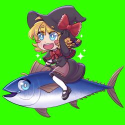 Rule 34 | 1girl, absurdres, apron, black capelet, black footwear, black gloves, black hat, black skirt, black vest, blonde hair, blue eyes, blush, bow, bowtie, bright pupils, brown apron, buttons, capelet, chibi, commentary request, cookie (touhou), elbow gloves, eyes visible through hair, fish, full body, gloves, green background, hand on headwear, hat, hat bow, highres, kirisame marisa, looking afar, mary janes, medium bangs, meguru (cookie), mixed-language commentary, open mouth, red bow, red bowtie, ripped colors, second-party source, shoes, short hair, simple background, skirt, skirt set, smile, solo, spanish commentary, sparkle, touhou, tuna, vest, waist apron, white pupils, witch hat
