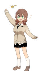 Rule 34 | 1girl, absurdres, breasts, brown hair, bural chingu, english text, full body, green eyes, hair between eyes, ham na-bi, highres, large breasts, long hair, looking at viewer, luke (dydansgur), open mouth, school uniform, short twintails, simple background, skirt, smile, solo, standing, twintails, waving, white background