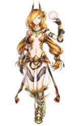 Rule 34 | 1girl, black gloves, blonde hair, blue eyes, boots, breasts, choker, cleavage, collarbone, dana (ys), eyes visible through hair, falcom, full body, gloves, hairband, long hair, looking at viewer, midriff, navel, official art, parted bangs, see-through, simple background, small breasts, solo, standing, stomach, thigh strap, twintails, very long hair, white background, ys, ys viii lacrimosa of dana