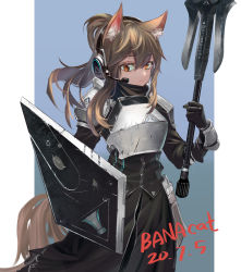 Rule 34 | 1girl, animal ear fluff, animal ears, arknights, armor, black gloves, black jacket, black skirt, blue background, bracer, breastplate, brown eyes, brown hair, chinese commentary, commentary request, cowboy shot, dated, gloves, gradient background, hair between eyes, headphones, headset, highres, holding, holding weapon, horse girl, jacket, jiao cat, long hair, looking at viewer, nearl (arknights), pauldrons, shield, shoulder armor, sidelocks, skirt, skirt set, solo, standing, weapon
