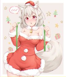 Rule 34 | 1girl, animal ears, bell, box, breasts, cleavage, cowboy shot, detached collar, dress, fur trim, gift, gift box, grey background, grey hair, hair intakes, inubashiri momiji, large breasts, open mouth, pom pom (clothes), red dress, red eyes, rururiaru, santa costume, short hair, solo, spoken blush, standing, star (symbol), tail, touhou, wolf ears, wolf girl, wolf tail