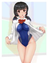 Rule 34 | 1girl, black hair, blue one-piece swimsuit, breasts, brown eyes, commentary request, competition swimsuit, cowboy shot, dress shirt, highleg, highleg leotard, highres, impossible clothes, impossible swimsuit, large breasts, leaning forward, leotard, long hair, looking at viewer, low twintails, mashinatsu, one-piece swimsuit, open clothes, open shirt, original, red neckwear, shirt, smile, solo, standing, swimsuit, swimsuit under clothes, twintails