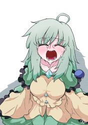 Rule 34 | 1girl, absurdres, ahoge, alternate breast size, alternate hair length, alternate hairstyle, blouse, blush, breasts, buttons, closed eyes, collared shirt, commentary request, crying, diamond button, eyeball, frilled shirt collar, frilled sleeves, frills, frown, furrowed brow, green skirt, highres, komeiji koishi, large breasts, light green hair, long hair, long sleeves, no headwear, open mouth, sad, scavia10, shirt, signature, simple background, skirt, sleeves past fingers, sleeves past wrists, solo, tears, third eye, touhou, wavy hair, white background, wide sleeves, yellow shirt