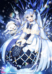 Rule 34 | 1girl, 1other, bare tree, bass clef, beret, blue bow, blue eyes, blue gloves, blue hair, blue tabard, blurry, bokeh, book, bow, capelet, christmas lights, clock print, commentary, copyright notice, crypton future media, depth of field, dress, fortissimo, from above, full body, fur-trimmed capelet, fur trim, gloves, gold trim, hair bow, hair ornament, hairclip, hat, hatsune miku, highres, holding, holding clothes, holding hat, ice, ice flower, light blue hair, long hair, looking at viewer, musical note, musical note hair ornament, night, official art, open book, piapro, rabbit, roman numeral, sacanahen, smile, snow, snowflake print, snowing, tabard, treble clef, tree, twintails, unworn hat, unworn headwear, very long hair, vocaloid, white capelet, white dress, white headwear, yuki miku, yuki miku (2021)