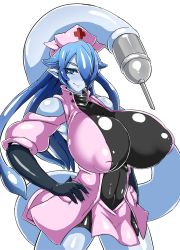 Rule 34 | 1girl, bare shoulders, blue eyes, blue hair, blue skin, borrowed character, breasts, cleavage, colored skin, covered navel, elbow gloves, gigantic breasts, gloves, hair over one eye, hands on own hips, hat, huge breasts, looking at viewer, matching hair/eyes, monster girl, needle, nega96396, nurse, nurse cap, simple background, smile, solo, standing, tail, white background