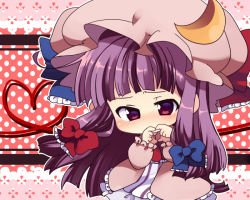 Rule 34 | 1girl, bad id, bad pixiv id, blunt bangs, blush, chibi, crescent, female focus, gradient eyes, hat, heart, heart hands, long hair, matatabi maru, multicolored eyes, no mouth, patchouli knowledge, purple eyes, purple hair, red eyes, solo, touhou