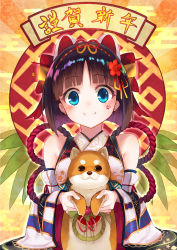 Rule 34 | 1girl, animal, animal ears, bare shoulders, blue eyes, blush, brown eyes, brown hair, chinese zodiac, closed mouth, commentary request, detached sleeves, dog, dog ears, facial mark, happy new year, head tilt, highres, holding, japanese clothes, jazztaki, kimono, long sleeves, looking at viewer, nengajou, new year, original, paw print, print kimono, short hair, smile, solo, white kimono, wide sleeves, year of the dog