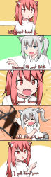 Rule 34 | &gt; &lt;, 2girls, 5koma, absurdres, american chopper, anger vein, angry, animal ears, blue eyes, cat ears, catstudioinc (punepuni), chair, comic, commentary, emphasis lines, english commentary, english text, facebook, fang, female focus, grey hair, highres, long hair, mashiro (miku plus), meme, multiple girls, original, parody, pink eyes, pink hair, ponytail, puni (miku plus), standing, subtitled, throwing, truth, upper body