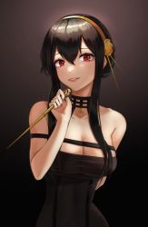 Rule 34 | 1girl, bare arms, bare shoulders, black background, black dress, black hair, breasts, cleavage, dagger, dress, grin, hair between eyes, hairband, highres, holding, holding dagger, holding knife, holding weapon, jisig kk, knife, long hair, looking at viewer, medium breasts, nail polish, parted lips, pink lips, red eyes, reverse grip, sidelocks, smile, solo, spy x family, stiletto (weapon), upper body, weapon, yellow hairband, yor briar