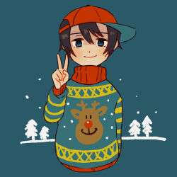 Rule 34 | 1boy, arm at side, black hair, blue background, blue eyes, christmas sweater, closed mouth, cropped torso, long hair, looking at viewer, male focus, mother (game), mother 1, ninten, nintendo, red headwear, shifumame, sideways hat, smile, solo, sweater, v