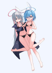 Rule 34 | 2girls, absurdres, alternate costume, arona (blue archive), bikini, black bikini, blue archive, blue eyes, blue hair, blue halo, blue jacket, blush, bow, braid, breasts, closed mouth, collarbone, colored inner hair, commentary, dutch angle, eyelashes, fang, feet, full body, grey background, grey eyes, hair bow, hair over one eye, hairband, halo, highres, jacket, kakyouin2002, legs, long sleeves, multicolored hair, multiple girls, navel, open clothes, open jacket, pink hair, pink halo, plana (blue archive), shiny skin, simple background, skin fang, small breasts, soles, standing, standing on one leg, stomach, swimsuit, thighs, toenails, toes, white bow, white hairband