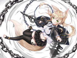 Rule 34 | 1girl, absurdres, animal ears, bad id, bad pixiv id, bangle, black jacket, black skirt, black thighhighs, blonde hair, bracelet, breasts, chain, choker, collared shirt, dual wielding, floating hair, fox ears, fox girl, fox tail, green eyes, grin, hair ornament, hairclip, highleg, highres, holding, holding polearm, holding spear, holding weapon, jacket, jewelry, kerno, long hair, long sleeves, looking at viewer, medium breasts, mgnnew12, midriff, miniskirt, navel, open clothes, open jacket, original, pleated skirt, polearm, shirt, skirt, smile, solo, spear, tail, tattoo, thighhighs, toeless legwear, twintails, weapon, white shirt, zettai ryouiki