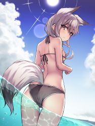 Rule 34 | 1girl, animal ears, ass, back, bare shoulders, bikini, black bikini, breasts, closed mouth, day, extra ears, fox ears, fox girl, fox tail, from behind, halterneck, highres, long hair, looking at viewer, looking back, original, outdoors, red eyes, ryuinu, small breasts, solo, standing, string bikini, sunlight, swimsuit, tail, thighs, wading, white hair