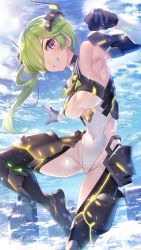 Rule 34 | 1girl, absurdres, ahoge, armpits, bare shoulders, black gloves, boots, breasts, building, clenched hand, cloud, covered navel, day, girl cafe gun, gloves, green hair, grin, groin, hair ornament, hair over one eye, highres, iritoa, large breasts, light particles, long hair, looking at viewer, mechanical boots, midair, nie shirou (girl cafe gun), official art, outdoors, outstretched arm, purple eyes, revealing clothes, see-through, sky, smile, solo, sunlight, thigh boots, thighhighs, thighs
