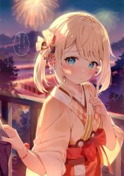 Rule 34 | 1girl, absurdres, blonde hair, blue eyes, blurry, blurry background, blush, bow, closed mouth, fingernails, fireworks, flat chest, hair ornament, hana mori, highres, hololive, japanese clothes, kazama iroha, kazama iroha (new year), kimono, long sleeves, looking at viewer, nail polish, night, night sky, out of frame, outdoors, scan, simple background, sky, solo, translation request, upper body, virtual youtuber, wide sleeves