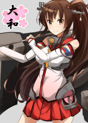 Rule 34 | 10s, 1girl, anchor, bare shoulders, brown eyes, brown hair, elbow gloves, gloves, hair ornament, highres, kantai collection, long hair, looking at viewer, max melon, musk tiger, pleated skirt, ponytail, radar, simple background, skirt, smile, solo, very long hair, yamato (kancolle)