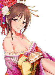 Rule 34 | 1girl, alternate costume, bare shoulders, breasts, brown eyes, brown hair, cleavage, commentary request, floral print, flower, hair flower, hair ornament, hair stick, idolmaster, idolmaster cinderella girls, japanese clothes, kimono, long hair, looking at viewer, medium breasts, mifune miyu, nannacy7, off shoulder, oiran, sitting, smile, solo