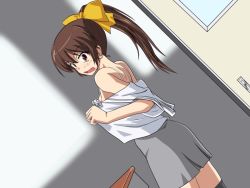 Rule 34 | 1girl, bad id, bad pixiv id, bare shoulders, black thighhighs, blush, bow, bra strap, brown hair, desk, door, dutch angle, embarrassed, hair bow, long hair, open mouth, original, ponytail, school desk, shino (pixia), skirt, solo, surprised, table, thighhighs, undressing, walk-in