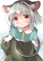 Rule 34 | 1girl, absurdres, animal ears, aqua capelet, arm support, ashino chimado, black dress, blurry, blush, closed mouth, commentary request, depth of field, dress, from above, gold trim, grey hair, hair between eyes, highres, knees together feet apart, looking at viewer, mouse ears, mouse tail, nazrin, on bed, red eyes, short hair, simple background, sitting, smile, solo, tail, touhou, white background