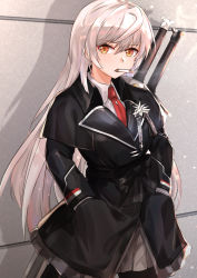 Rule 34 | 1girl, absurdres, black bow, black jacket, black pantyhose, bow, breasts, cigarette, cigarette holder, counter:side, grey skirt, hands in pockets, highres, hilde (counter:side), jacket, long hair, looking at viewer, muteppona hito, necktie, pantyhose, red necktie, shirt, silver hair, simple background, skirt, solo, standing, sword, sword behind back, weapon, white shirt, yellow eyes