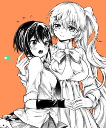 Rule 34 | 2girls, black hair, hair between eyes, hand in another&#039;s hair, heart, height difference, holding hands, kure kirika, kyubey, long hair, looking at another, looking to the side, mahou shoujo madoka magica, mahou shoujo oriko magica, mikuni oriko, mkrn ppk, multiple girls, necktie, orange background, short hair, side ponytail, white hair
