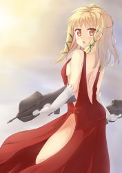 Rule 34 | 10s, 1girl, assault rifle, black bullet, blonde hair, blush, breasts, bullpup, dress, dual wielding, elbow gloves, evening gown, fn f2000, fn herstal, gloves, gun, highres, holding, long hair, looking at viewer, looking back, modular weapon system, aged up, red eyes, rifle, ryouya, sideboob, solo, tina sprout, weapon