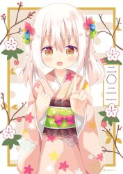 Rule 34 | 1girl, :d, branch, brown eyes, commentary request, egasumi, floral print, flower, hair between eyes, hair ornament, hands up, highres, japanese clothes, kimono, long hair, looking at viewer, nakkar, obi, open mouth, original, pink kimono, print kimono, sash, sidelocks, smile, solo, standing, twintails, twitter username, v, white flower, white hair